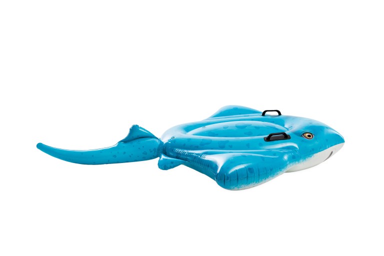 Blue inflatable stingray pool float with handles.