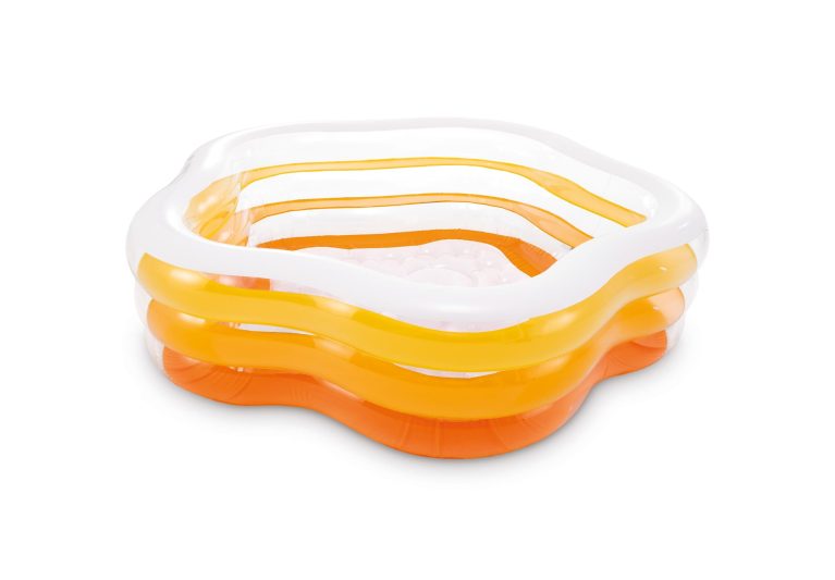 Orange inflatable kids' pool on white background.