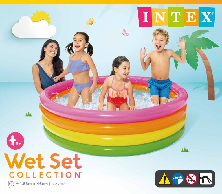 Kids playing in rainbow inflatable pool.