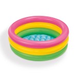 Colourful inflatable kiddie pool with three rings.