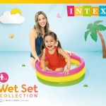 Child in inflatable pool with adult supervision.