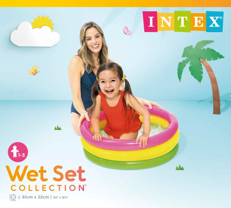 Child in inflatable pool with adult supervision.