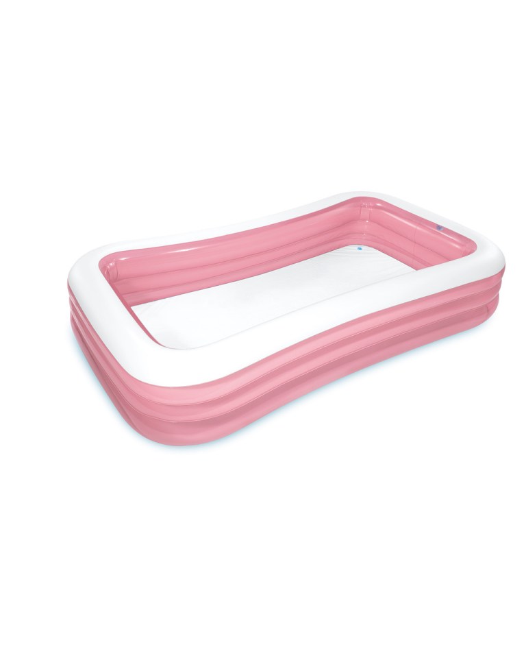intex swim center family inflatable pool 58487 pink Pink inflatable kiddie pool on white background.