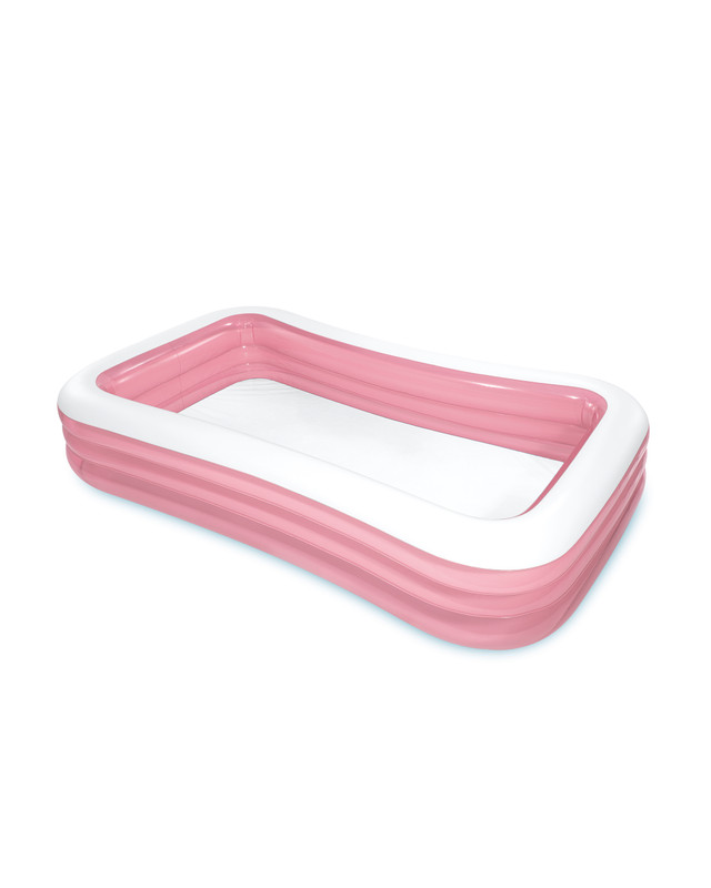 Pink inflatable rectangular pool for children.