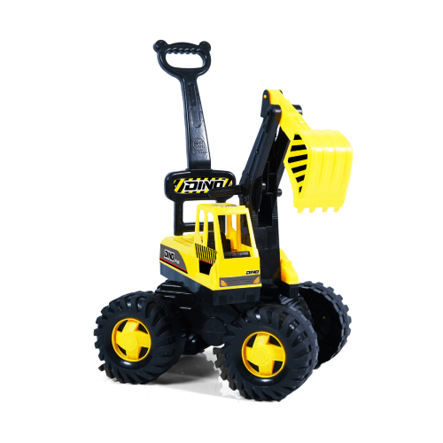 v1032 sbs712 202508201020 00.png Yellow toy backhoe with black handle and wheels.