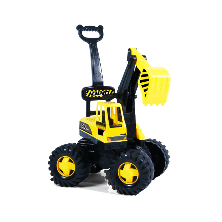 Yellow toy digger with shovel and handle.
