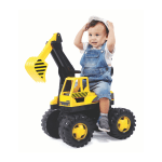 Child on yellow toy digger wearing white helmet.
