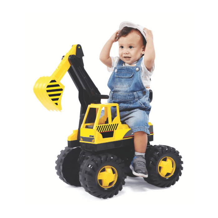 volta kick a long construction digger push scooter 3+ shp712 Child on yellow toy digger wearing white helmet.