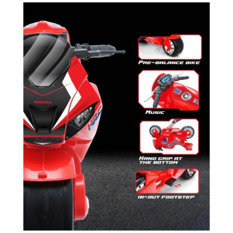 honda kick a long ride on push motorcycle 3+ shp557 wht Red Honda kids balance bike with music features.