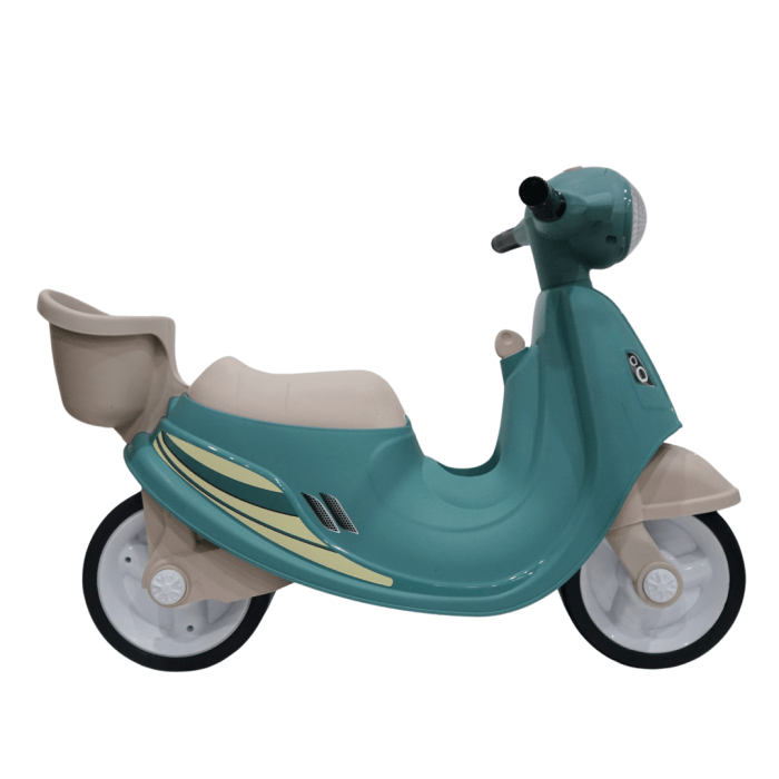 Toy scooter, teal and beige, side view.