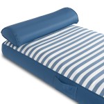 Blue and white striped mattress with bolster pillow.