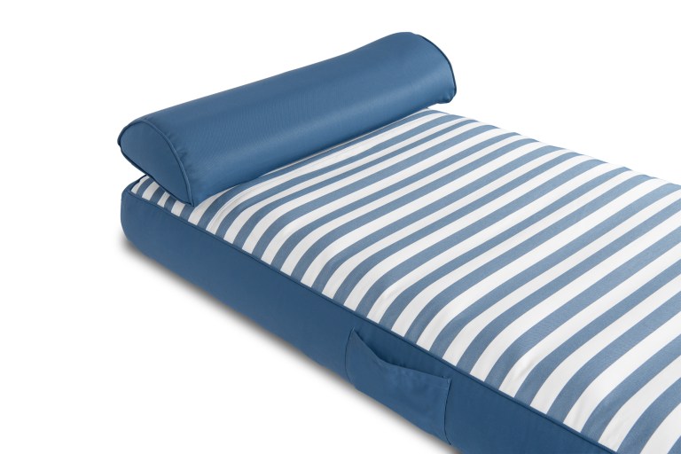 Blue and white striped mattress with bolster pillow.