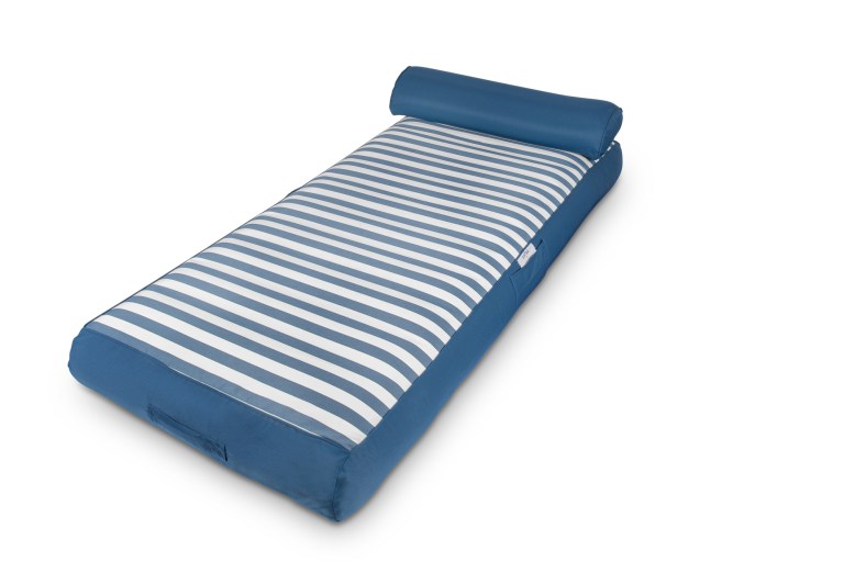 Blue and white striped mattress with headrest