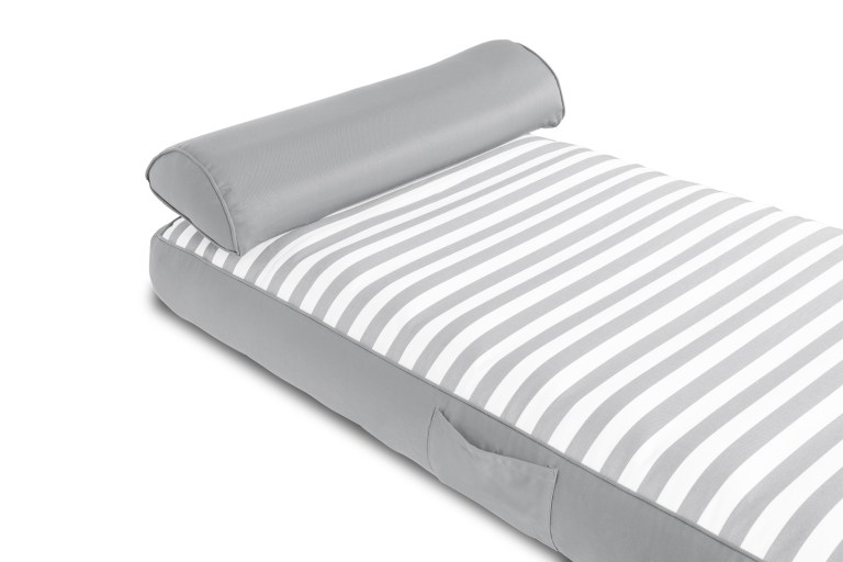 Striped grey dog bed with cushion