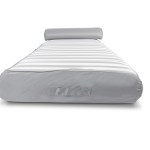 Grey striped inflatable mattress with pillow, front view.