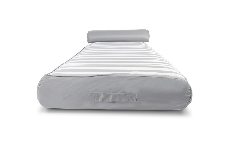 Grey striped inflatable mattress with pillow, front view.
