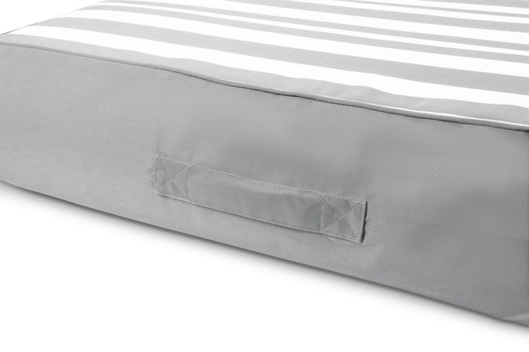 Grey striped outdoor cushion with handle