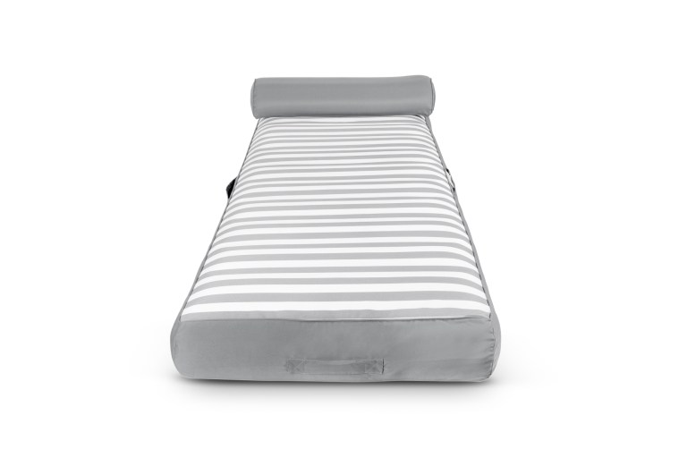Grey-striped outdoor sunbed with headrest and handle.