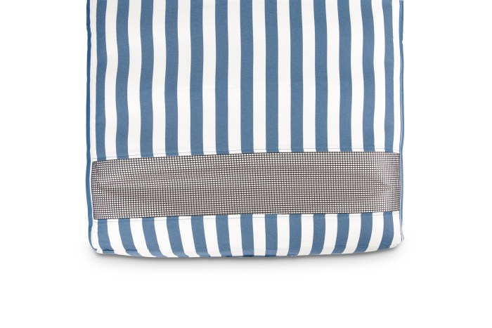 Blue and white striped fabric with mesh detail.