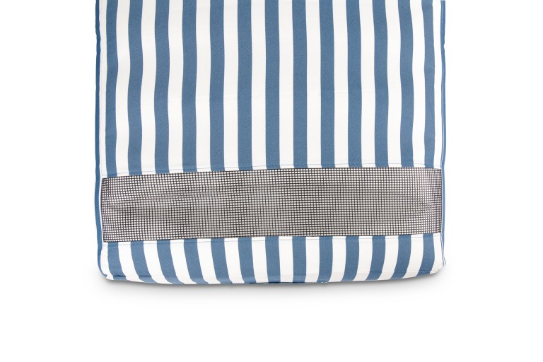 Blue and white striped fabric with mesh detail.