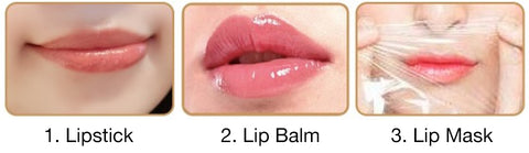 Lip care products: lipstick, balm, and mask.