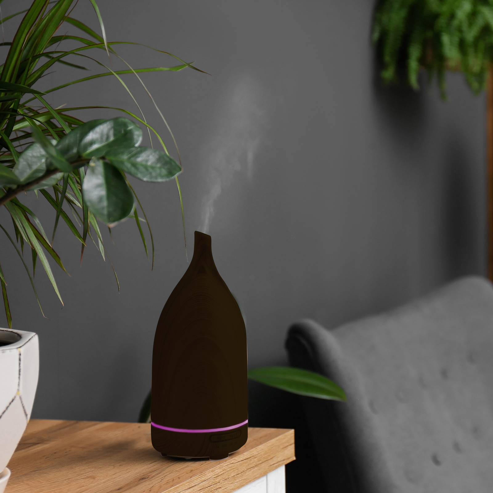 Aromatherapy diffuser with steam in modern living room.