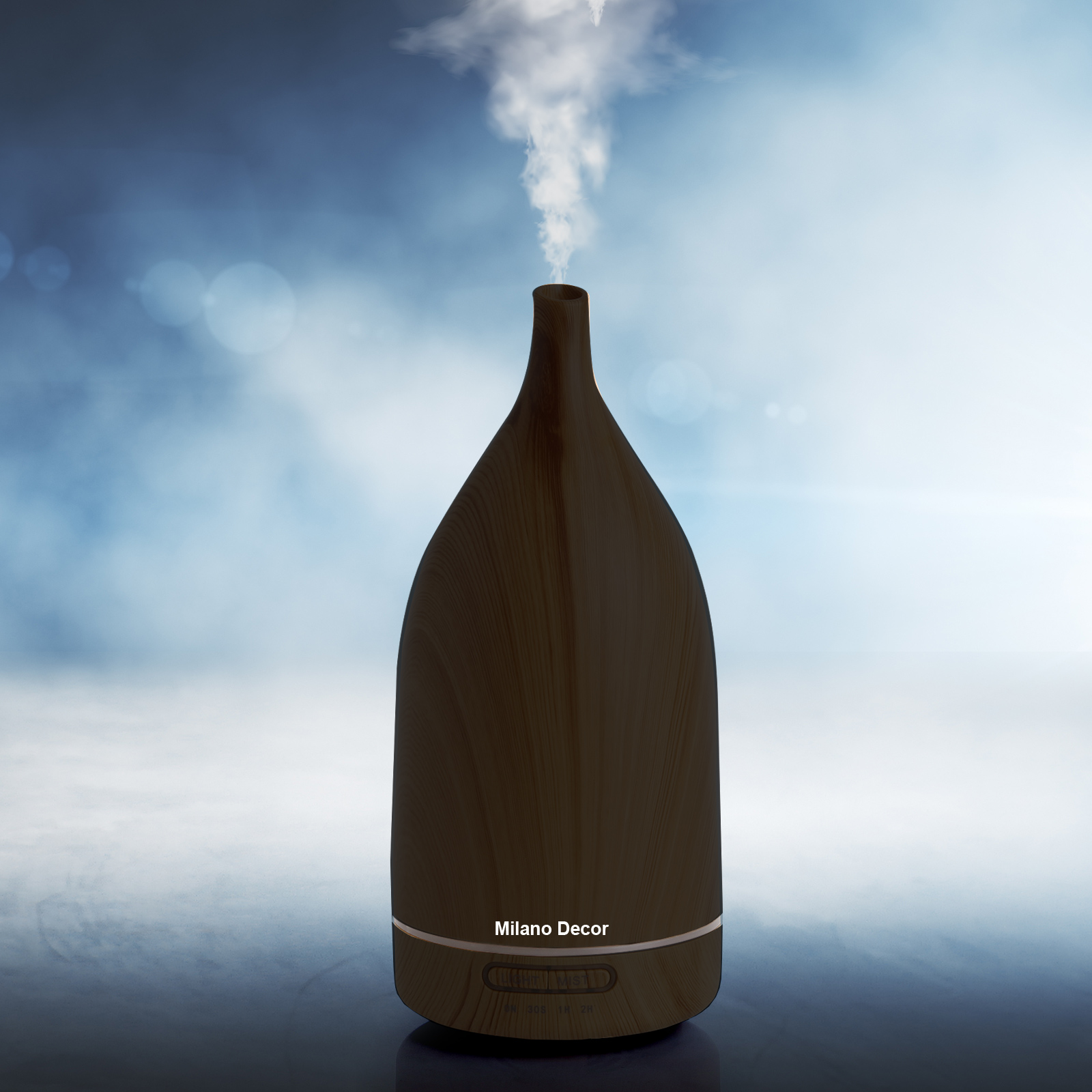 Wooden essential oil diffuser emitting steam