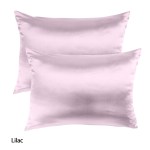 Lilac silk pillowcases set against white background