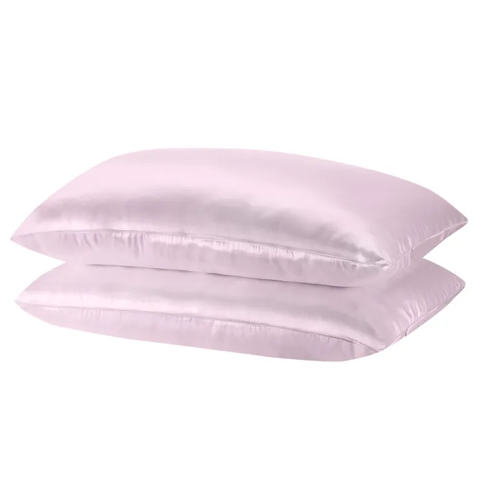 royal comfort mulberry soft silk hypoallergenic pillowcase twin pack 51 x 76cm lilac Two pink silk pillows stacked together.