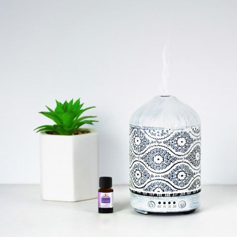 Aromatherapy diffuser with lavender oil and plant.