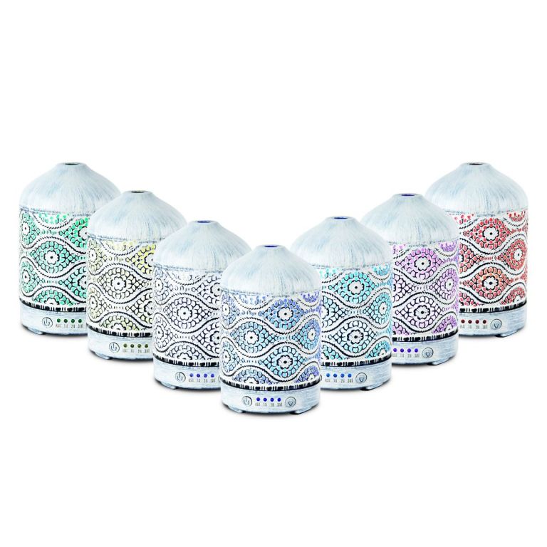 Seven colourful patterned diffusers in a row.