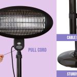 2000w 2.1m free standing adjustable portable outdoor electric patio heater black Lenoxx heater with pull cord and sturdy base.