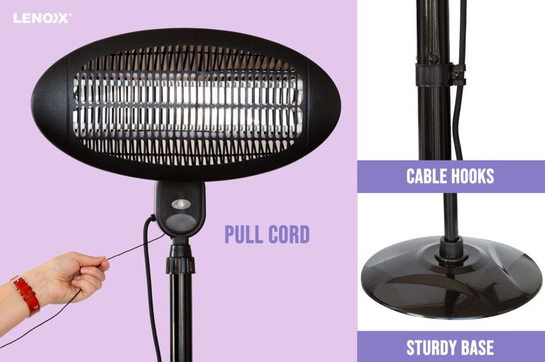 2000w 2.1m free standing adjustable portable outdoor electric patio heater black Lenoxx heater with pull cord and sturdy base.