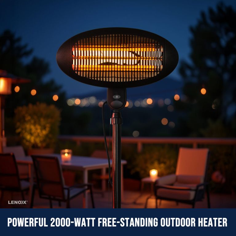 2000w 2.1m free standing adjustable portable outdoor electric patio heater black 2000-watt outdoor heater on patio at night