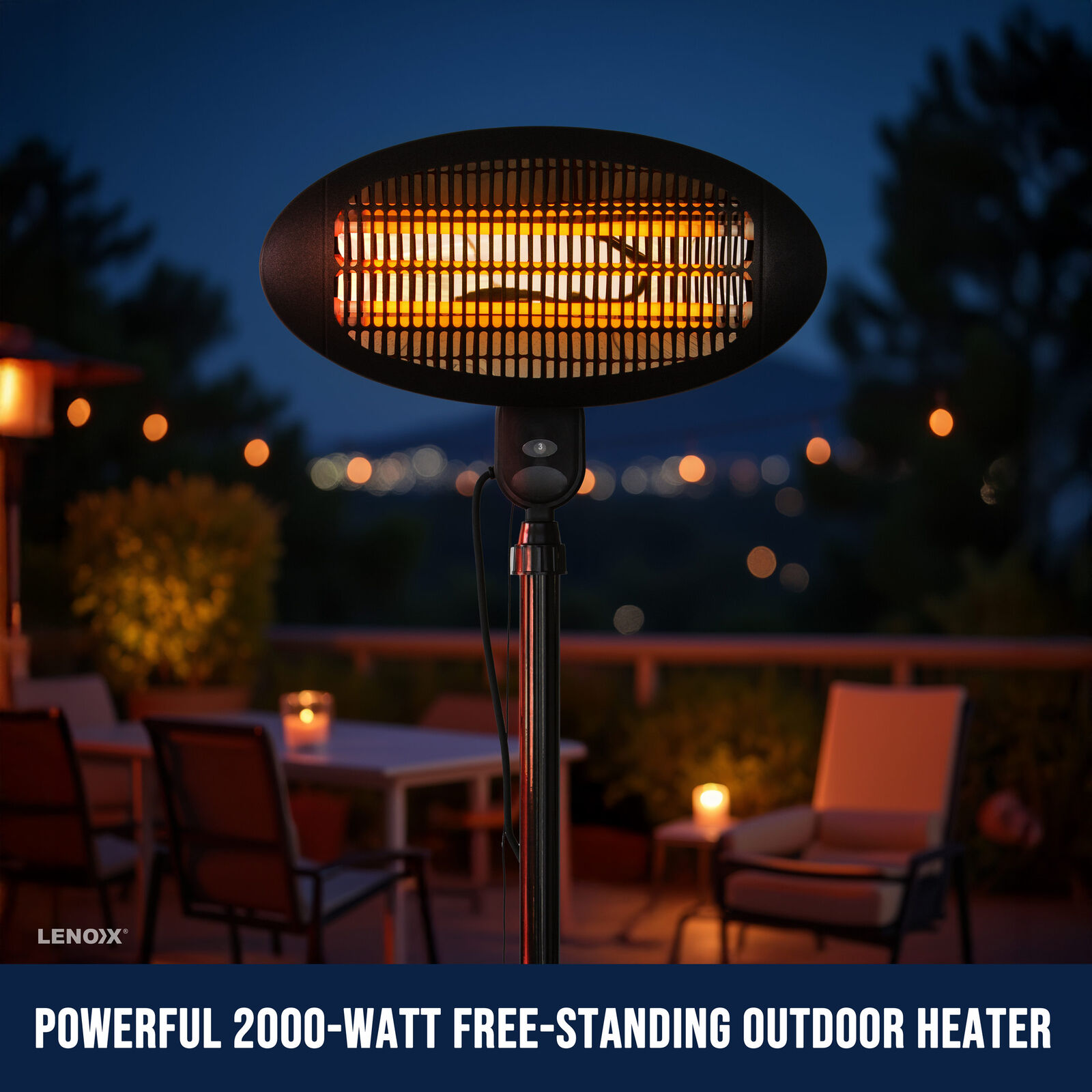 2000-watt outdoor heater on patio at night