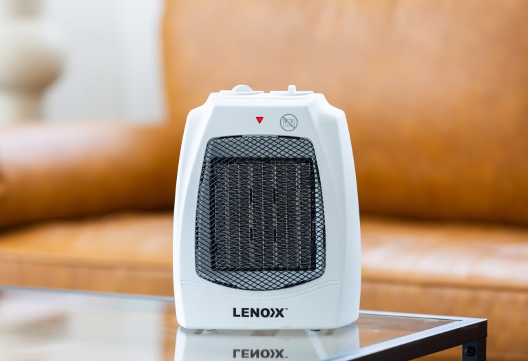 Portable Lennox heater on a glass table.