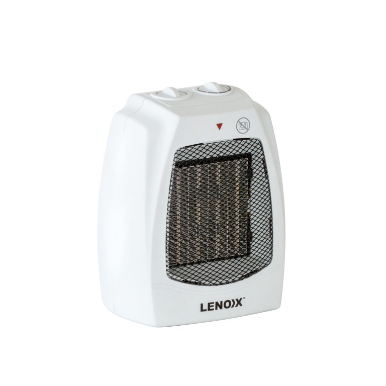 Portable white electric space heater with controls.