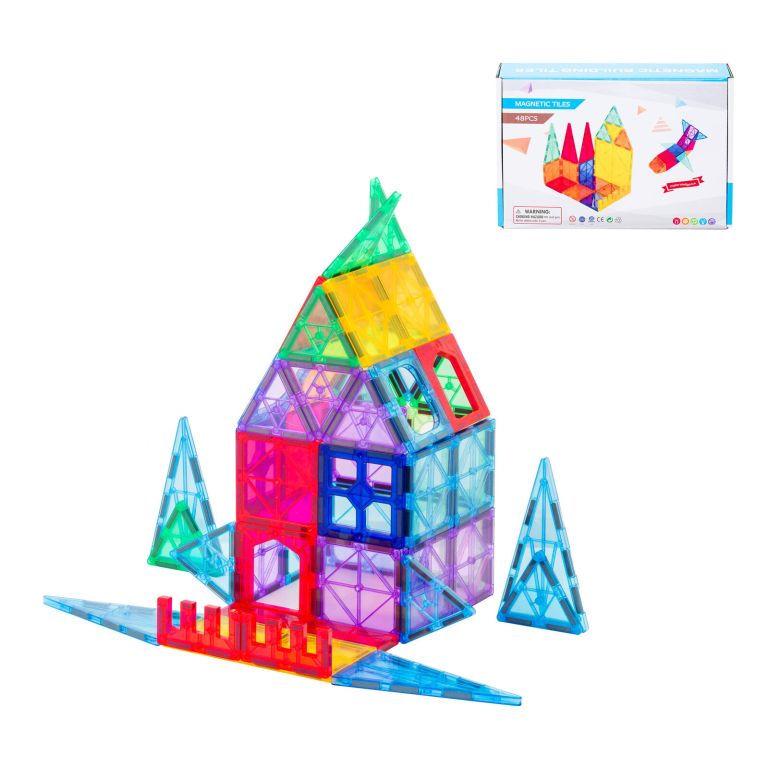 Colourful magnetic tiles building set with box.