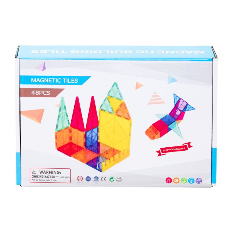 Colourful magnetic building tiles toy set packaging.