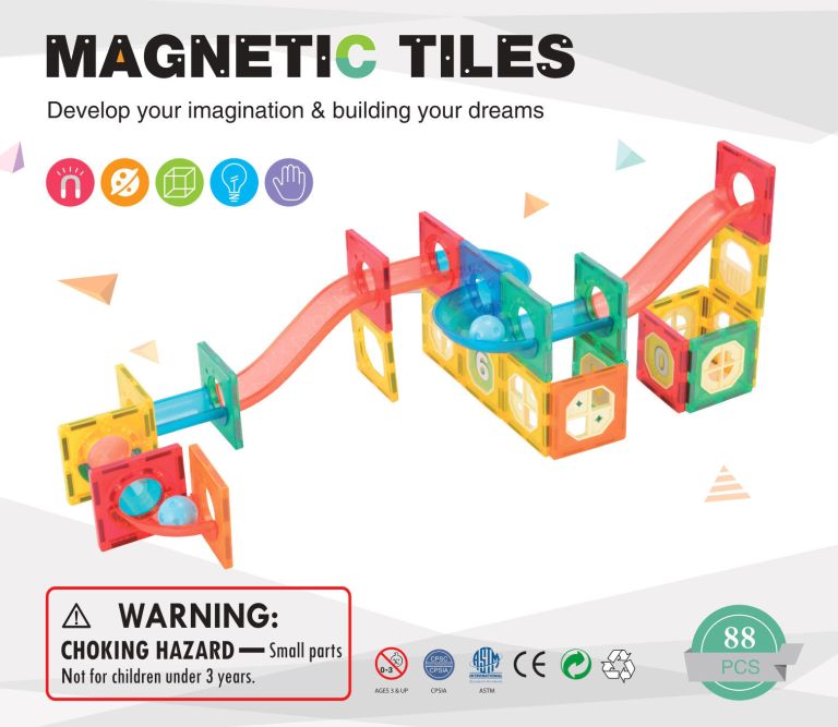 88 pcs non toxic stem educational, durable magnetic tiles/puzzle with storage bag Colourful magnetic tiles toy with safety warning.