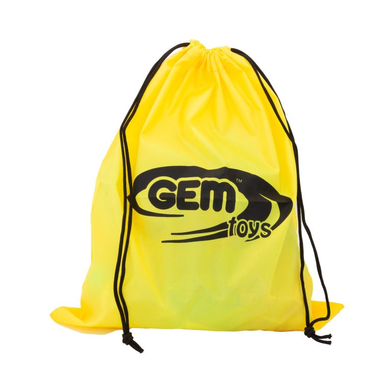 118 pcs non toxic stem educational, durable magnetic tiles/puzzle with storage bag Yellow drawstring bag with 'Gem Toys' logo.