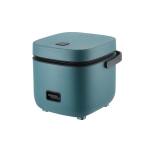 Teal electric rice cooker with handle.