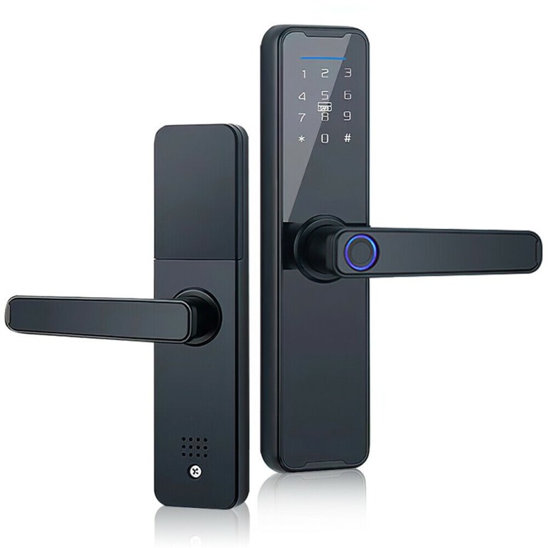 Smart digital door lock with touchscreen keypad.