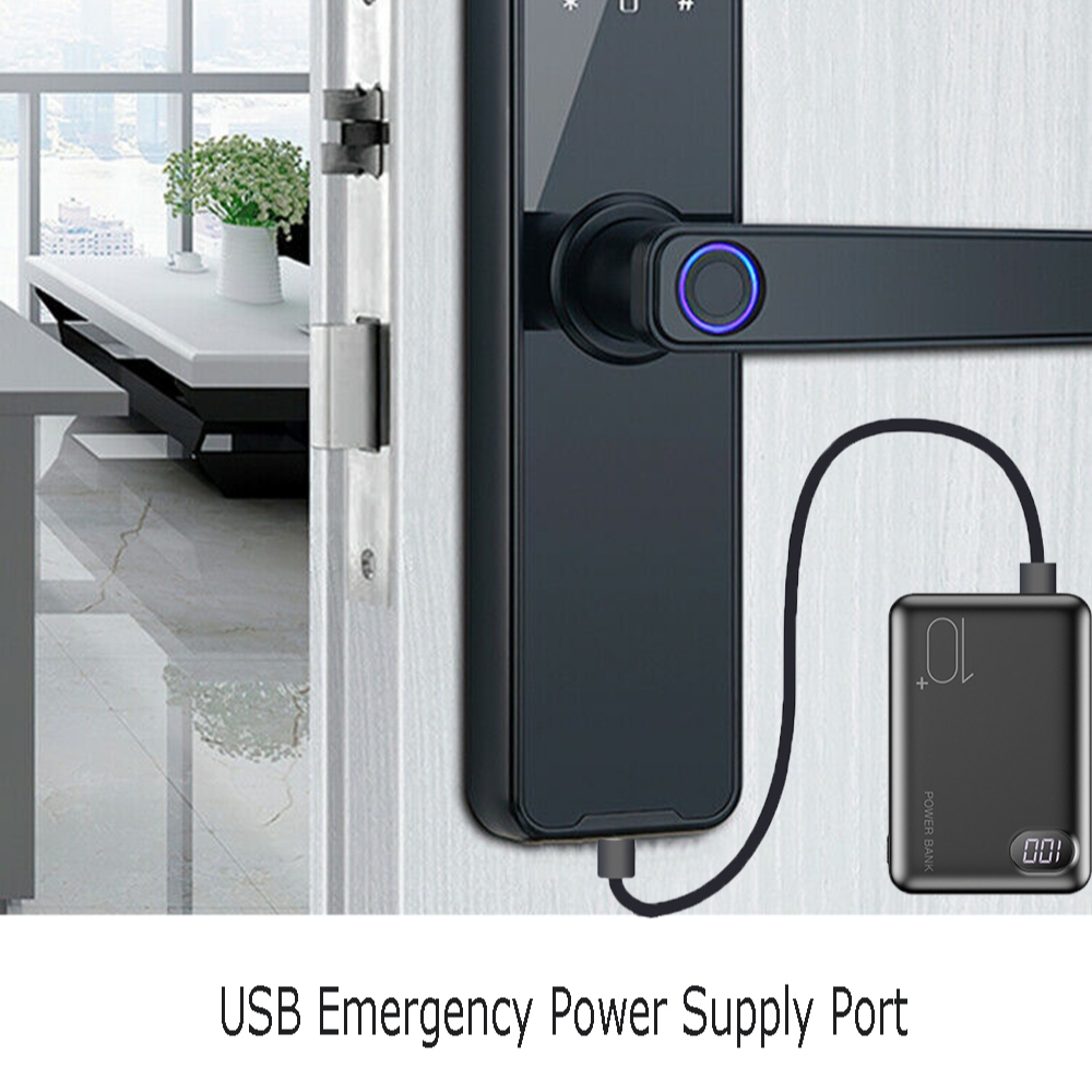Smart door lock with USB power bank connection.