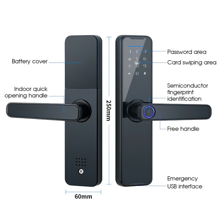 Smart lock with fingerprint and card access features.