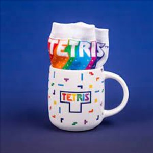 Tetris socks displayed in a matching mug.