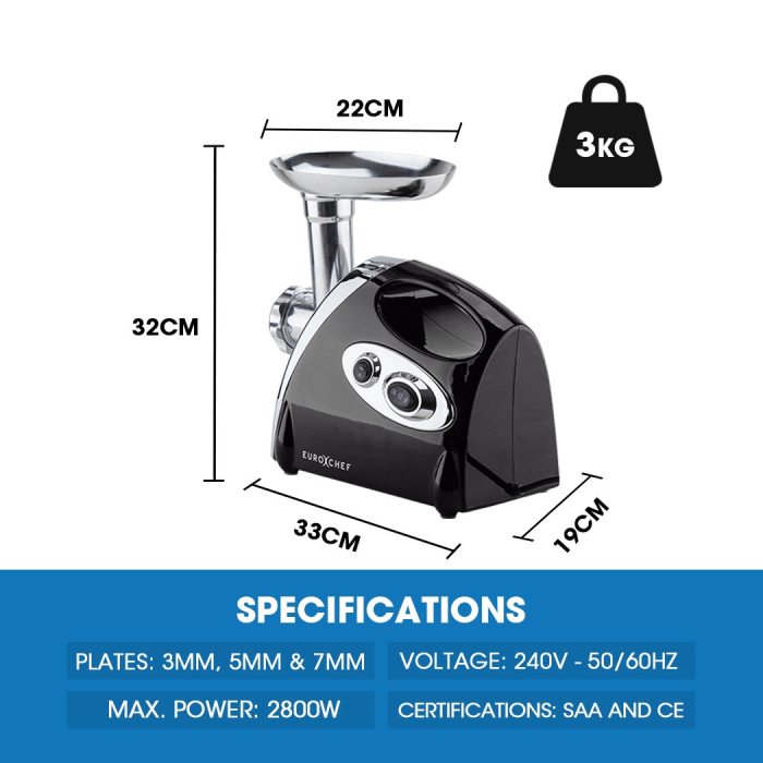 eurochef electric meat grinder, stainless steel mincer sausage filler kibbe maker, black