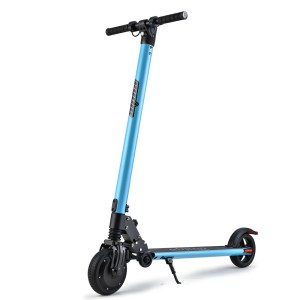 Blue electric scooter with black wheels.