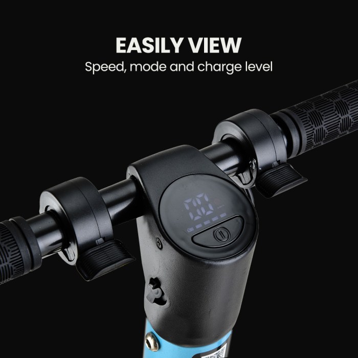 alpha peak electric scooter 300w power up to 25km/h adult teens e scooter easy fold, blue Electric scooter handlebars with digital display screen.