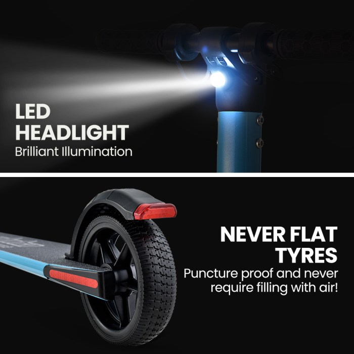 alpha peak electric scooter 300w power up to 25km/h adult teens e scooter easy fold, blue Electric scooter LED headlights and puncture-proof tyres.